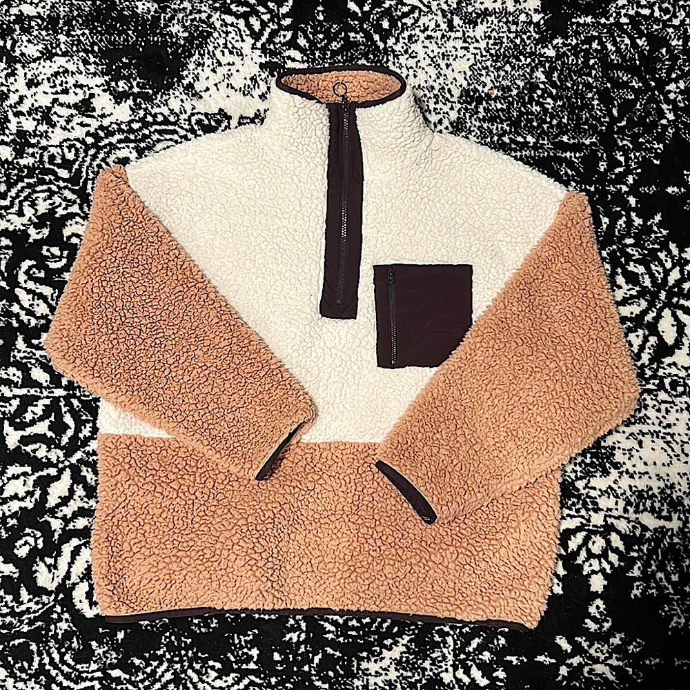 LOFT White, Brown, Salmon Fleece Jacket, Size M.